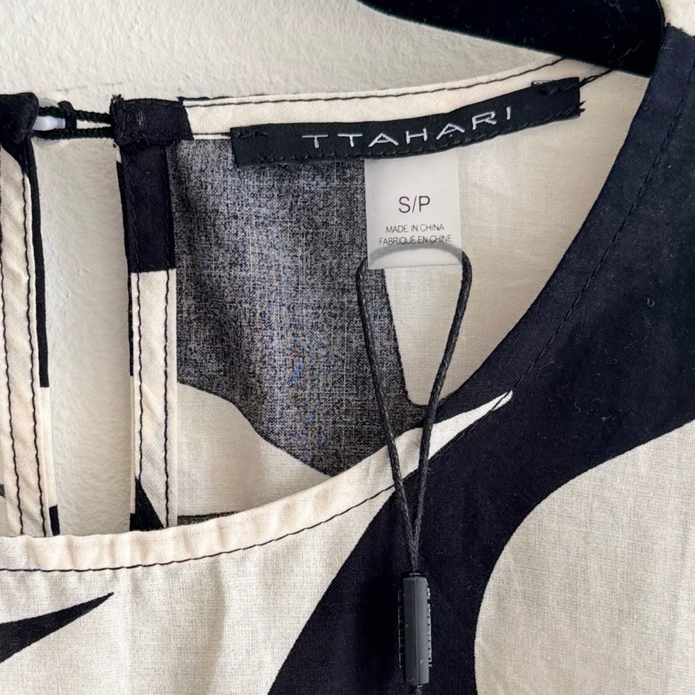 Tahari NWT Black White Floral Crop Blouse Drawstring Hem Cotton Top Size SP - Picture 7 of 14